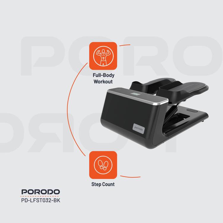 Porodo Lifestyle Mini Stepper Machine with Ropes, up to 120Kg Weight Capacity, Digital Display, AAA Battery Power Source, Hydraulic System, Full-Body Workout, Calorie & Step Counter - Black 