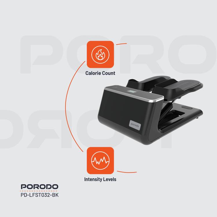Porodo Lifestyle Mini Stepper Machine with Ropes, up to 120Kg Weight Capacity, Digital Display, AAA Battery Power Source, Hydraulic System, Full-Body Workout, Calorie & Step Counter - Black 