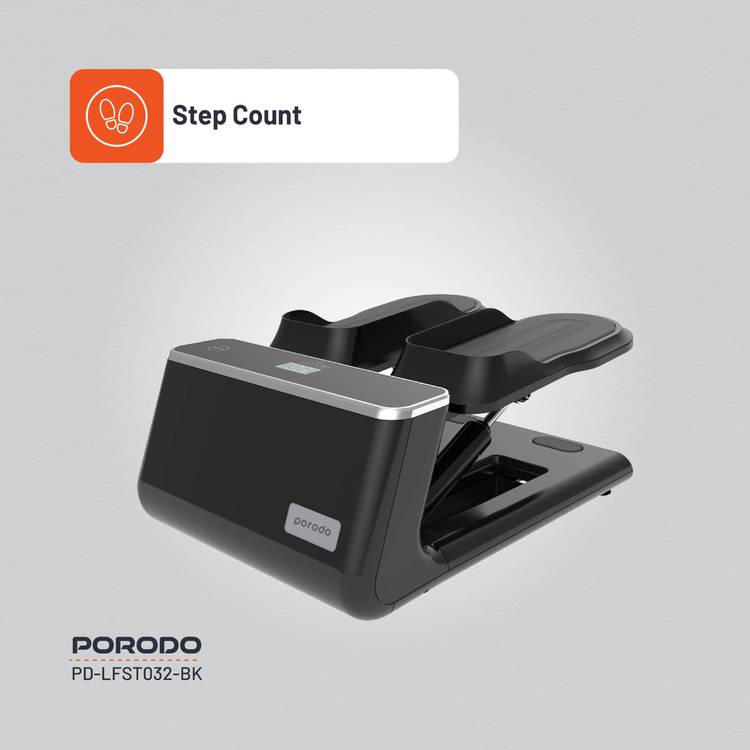 Porodo Lifestyle Mini Stepper Machine with Ropes, up to 120Kg Weight Capacity, Digital Display, AAA Battery Power Source, Hydraulic System, Full-Body Workout, Calorie & Step Counter - Black 