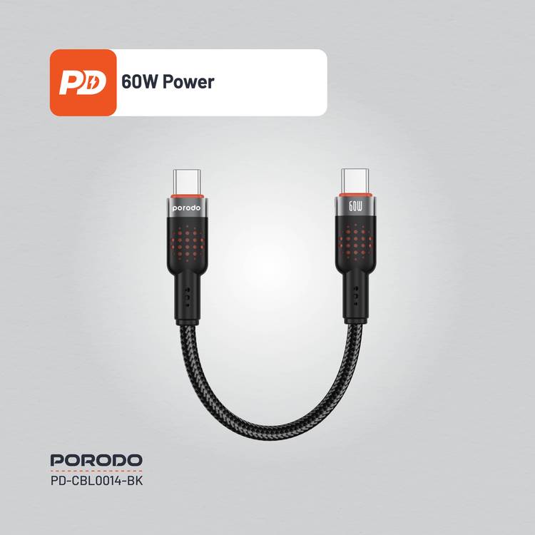 Porodo  Aluminum Alloy 25cm Braided Cable Type-C to C, PD 60W, 480Mbps Transfer Speed, more than 15000 Bends Life Span, Tangle Free - Black