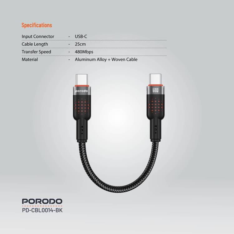 Porodo  Aluminum Alloy 25cm Braided Cable Type-C to C, PD 60W, 480Mbps Transfer Speed, more than 15000 Bends Life Span, Tangle Free - Black