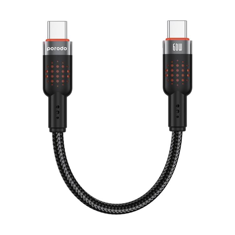 Porodo  Aluminum Alloy 25cm Braided Cable Type-C to C, PD 60W, 480Mbps Transfer Speed, more than 15000 Bends Life Span, Tangle Free - Black