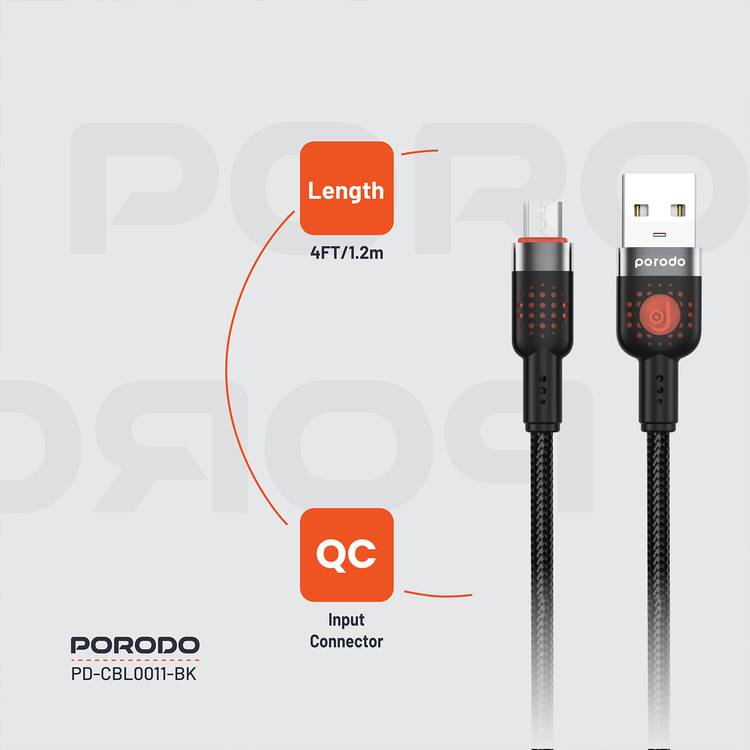 Porodo Braided USB-A to Micro USB Cable with 480Mbps Transfer Speed, 1.2m Cable Length, More than 15,000 Bends Lifespan, Tangle-Free Design - Black