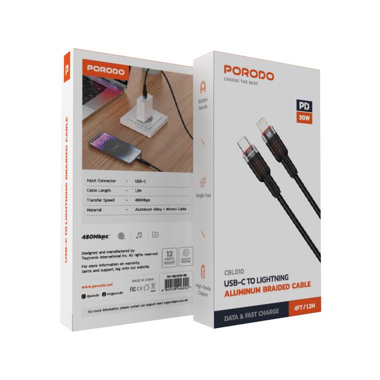 Porodo Braided USB-A to Micro USB Cable with 480Mbps Transfer Speed, 1.2m Cable Length, More than 15,000 Bends Lifespan, Tangle-Free Design - Black