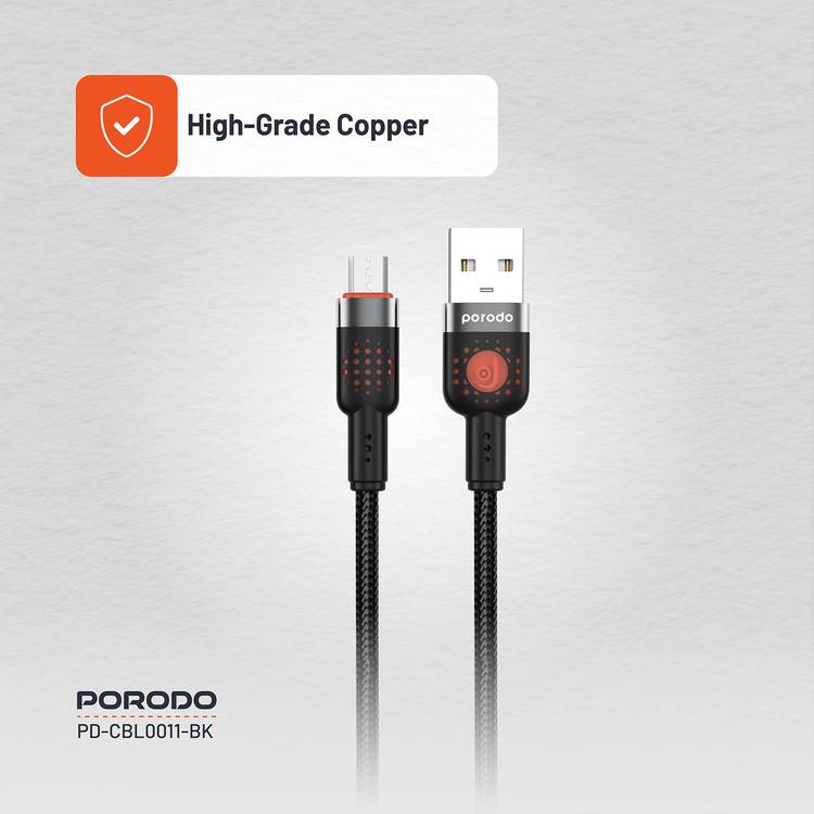 Porodo Braided USB-A to Micro USB Cable with 480Mbps Transfer Speed, 1.2m Cable Length, More than 15,000 Bends Lifespan, Tangle-Free Design - Black