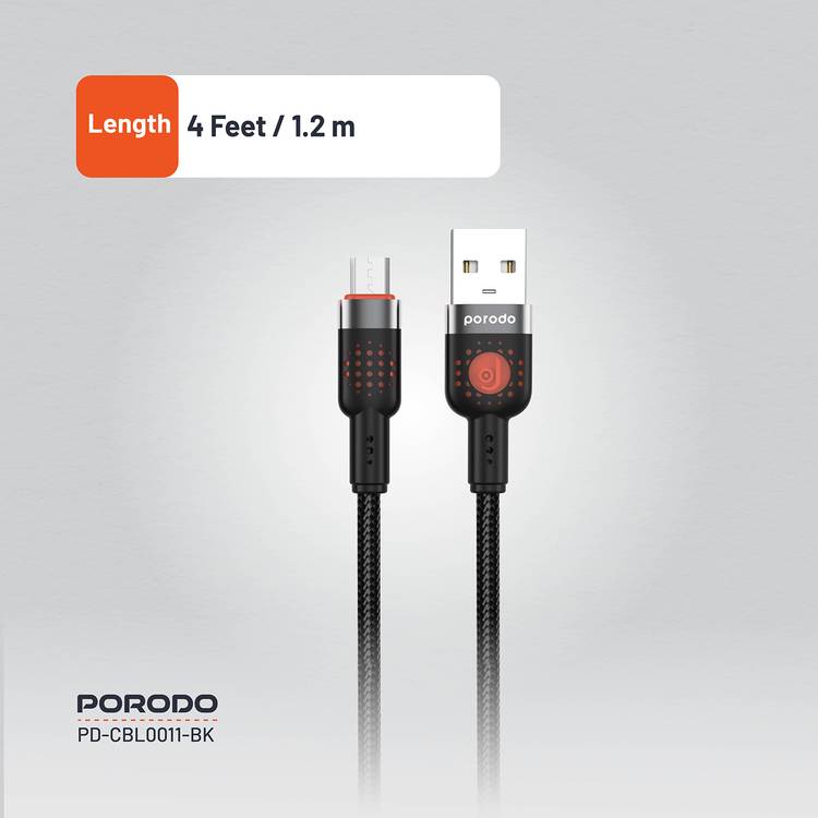 Porodo Braided USB-A to Micro USB Cable with 480Mbps Transfer Speed, 1.2m Cable Length, More than 15,000 Bends Lifespan, Tangle-Free Design - Black
