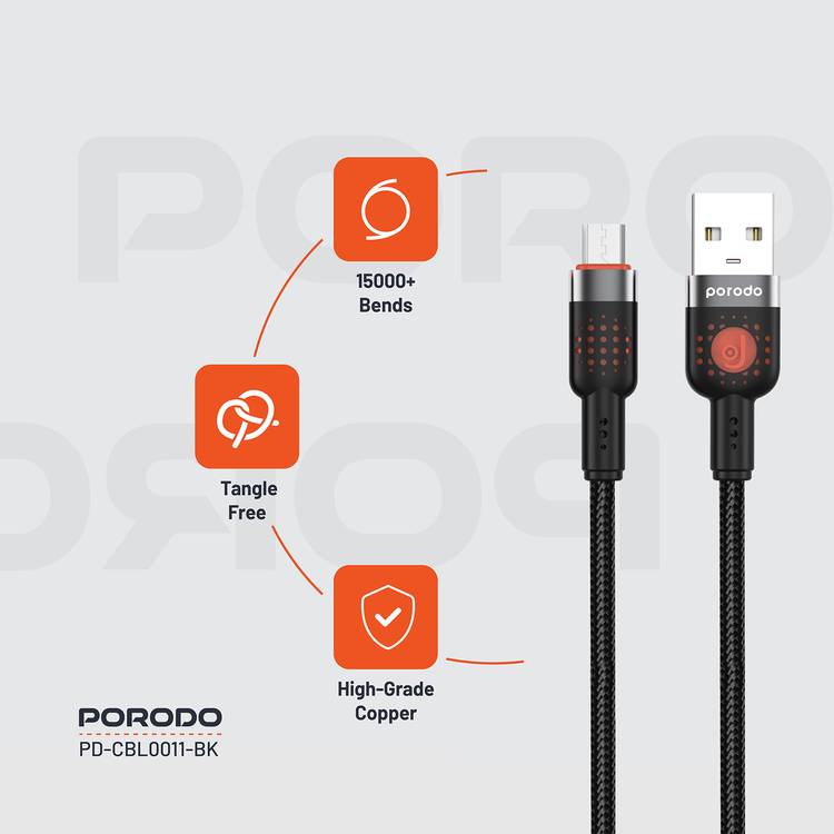 Porodo Braided USB-A to Micro USB Cable with 480Mbps Transfer Speed, 1.2m Cable Length, More than 15,000 Bends Lifespan, Tangle-Free Design - Black
