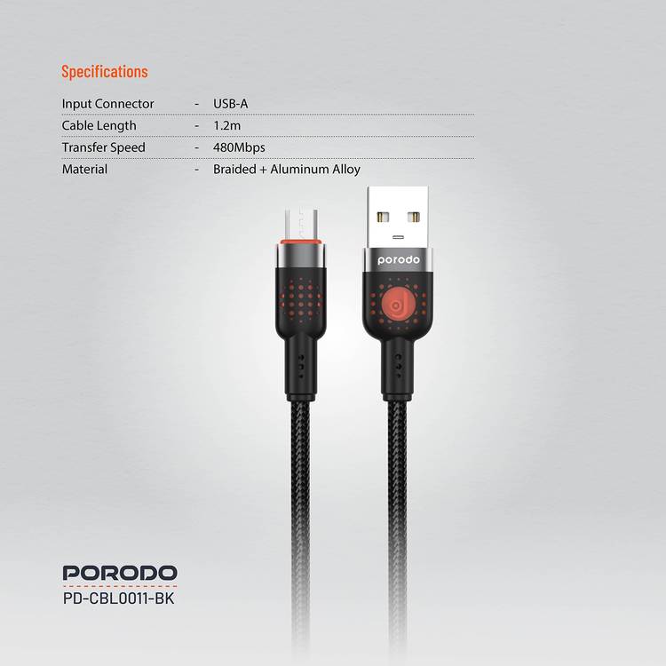 Porodo Braided USB-A to Micro USB Cable with 480Mbps Transfer Speed, 1.2m Cable Length, More than 15,000 Bends Lifespan, Tangle-Free Design - Black