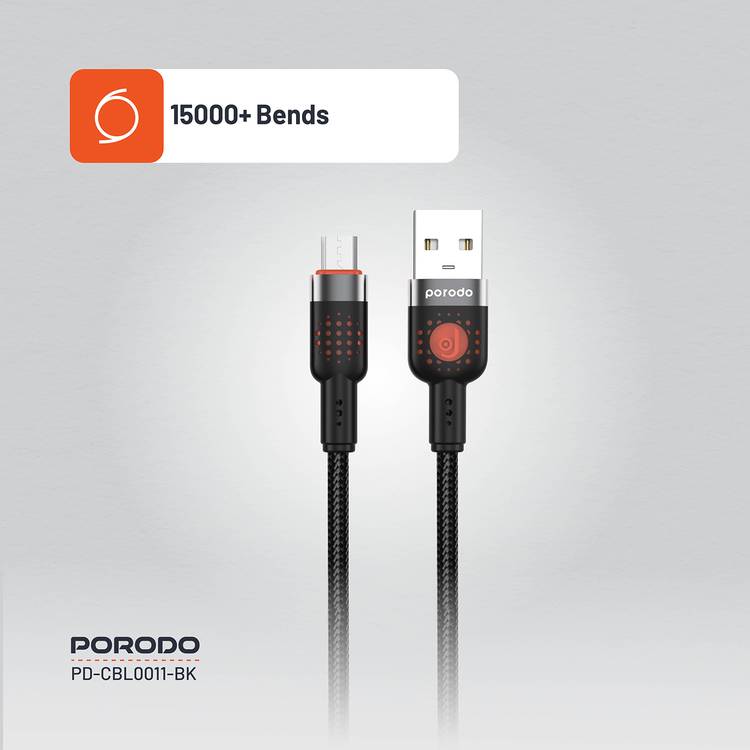 Porodo Braided USB-A to Micro USB Cable with 480Mbps Transfer Speed, 1.2m Cable Length, More than 15,000 Bends Lifespan, Tangle-Free Design - Black