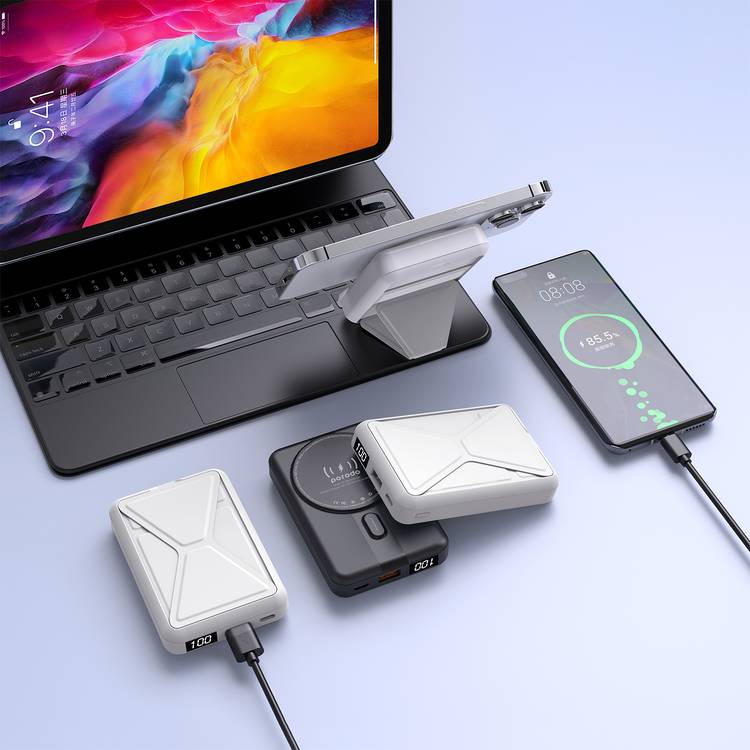 Porodo 10000mAh Digital MagSafe Power Bank & Stand with 20W PD, Type-C, USB-A, 15W Wireless Charging, Strong Magnetic Hold - White