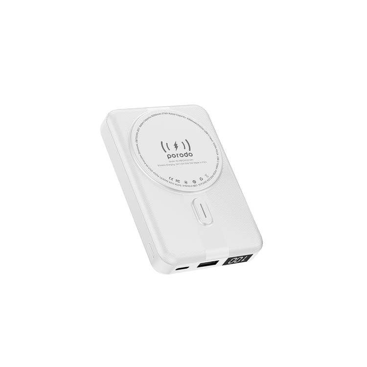 Porodo 10000mAh Digital MagSafe Power Bank & Stand with 20W PD, Type-C, USB-A, 15W Wireless Charging, Strong Magnetic Hold - White