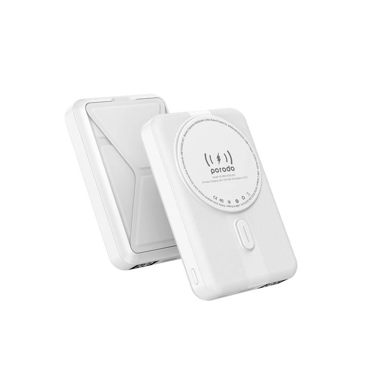 Porodo 10000mAh Digital MagSafe Power Bank & Stand with 20W PD, Type-C, USB-A, 15W Wireless Charging, Strong Magnetic Hold - White