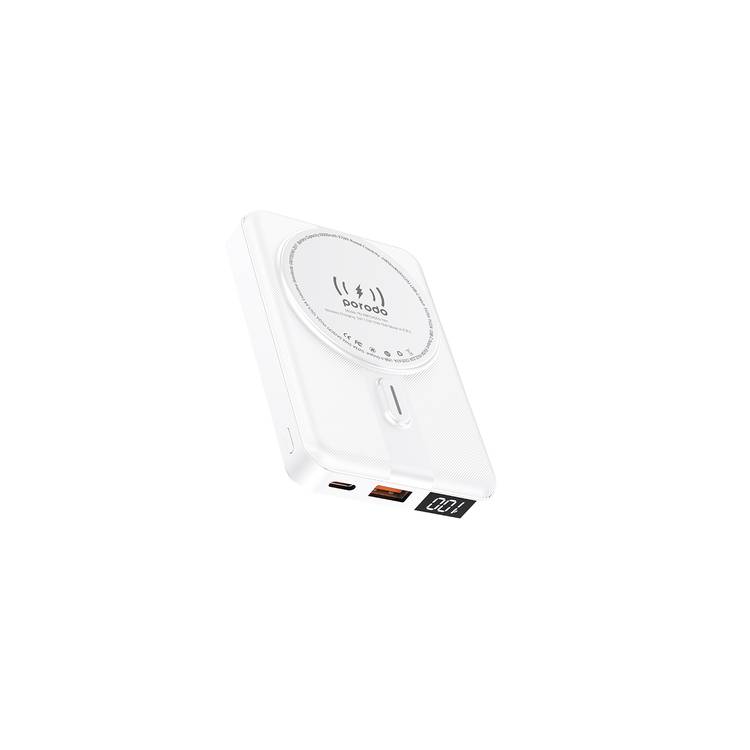 Porodo 10000mAh Digital MagSafe Power Bank & Stand with 20W PD, Type-C, USB-A, 15W Wireless Charging, Strong Magnetic Hold - White