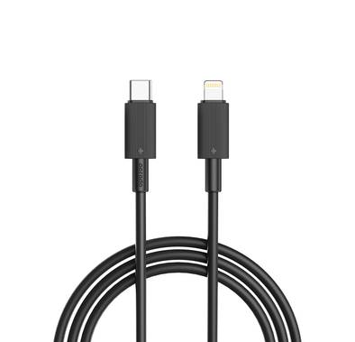 Porodo Type-C to Lightning PVC Cable 3m, 480Mbps Transfer Speed, PD 27W, more than 15000 Bends Life Span, Tangle Free - Black