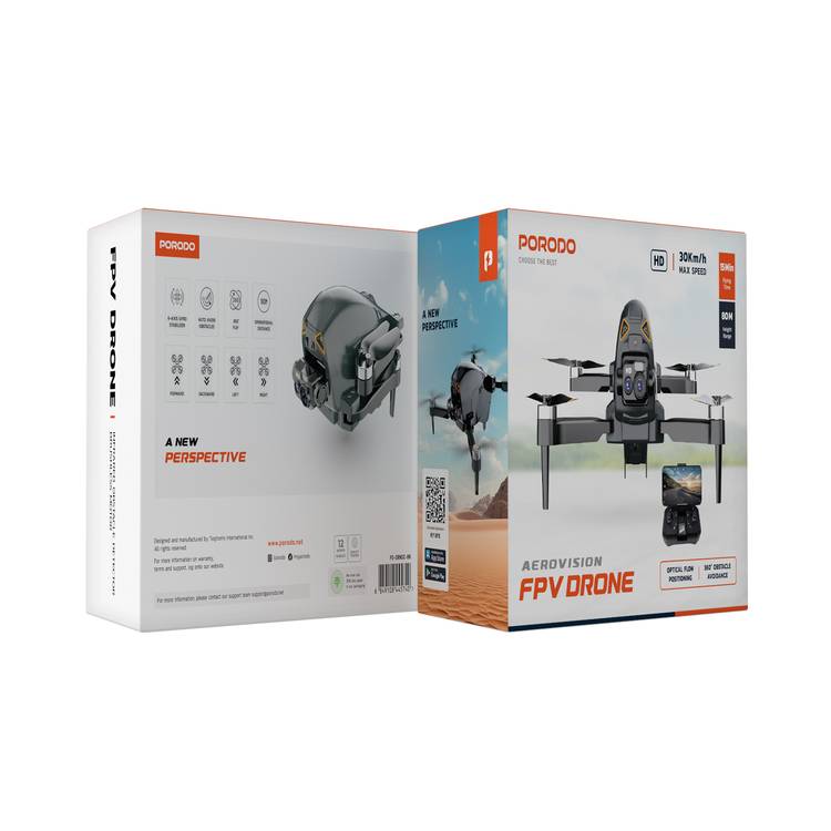 Porodo Aerovision FPV Drone, Lithium Battery, 100M Operational Distance, 360° Obstacle Avoidance, Optical Flow Positioning, 6 Axis Gyro Stabilizer, 15 Minutes Flying Time - Black
