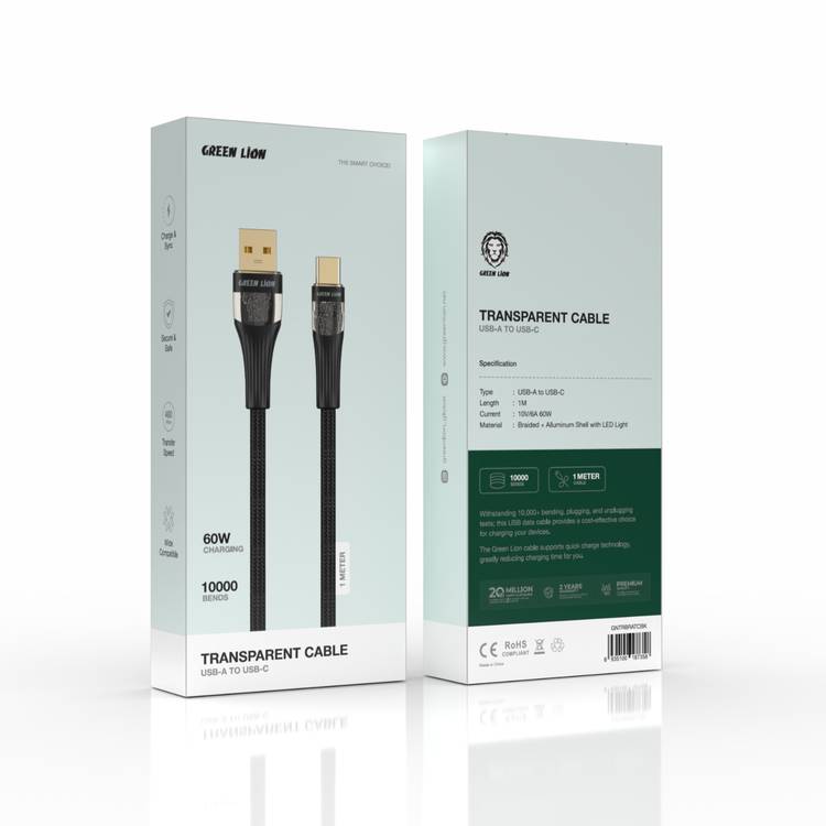 Green Lion Transparent Cable USB-A to USB-C with LED Light, Fast Charging & Sync, 60W, Wide Compatibility, Safe & Secure - Black 