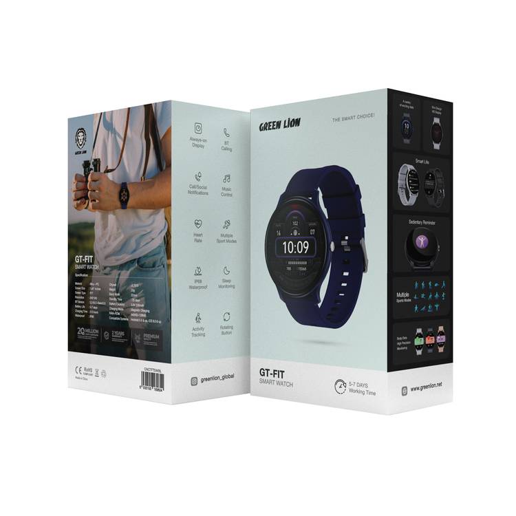 Green Lion GT-FIT Smart Watch, Activity Tracking, Sleep Monitoring, Rotating Button, 5 to 7 Days Battery Life, Multiple Sport Modes, Water Proof, 35 Days Standby Time, Call / Social Notifications - Blue