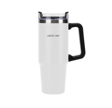 Green Lion Vacuum Travel Mug, 16 Hours Hot Retention & 24 Hours Cold Retention, Stainless Steel Material, Comfy & Portable Handle, Extra Wide Opening, Cup Holder Friendly - White