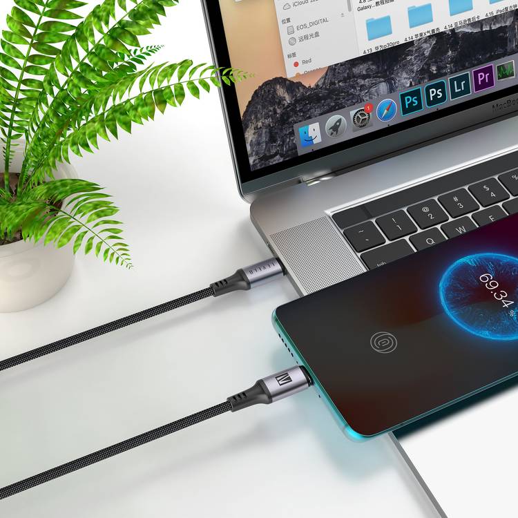 Levelo Otto USB-C to Type-C 60W Leather Cable, Tangle-Free, Fast Charging, Heat Resistant, 1.2m Cable Length - Black 