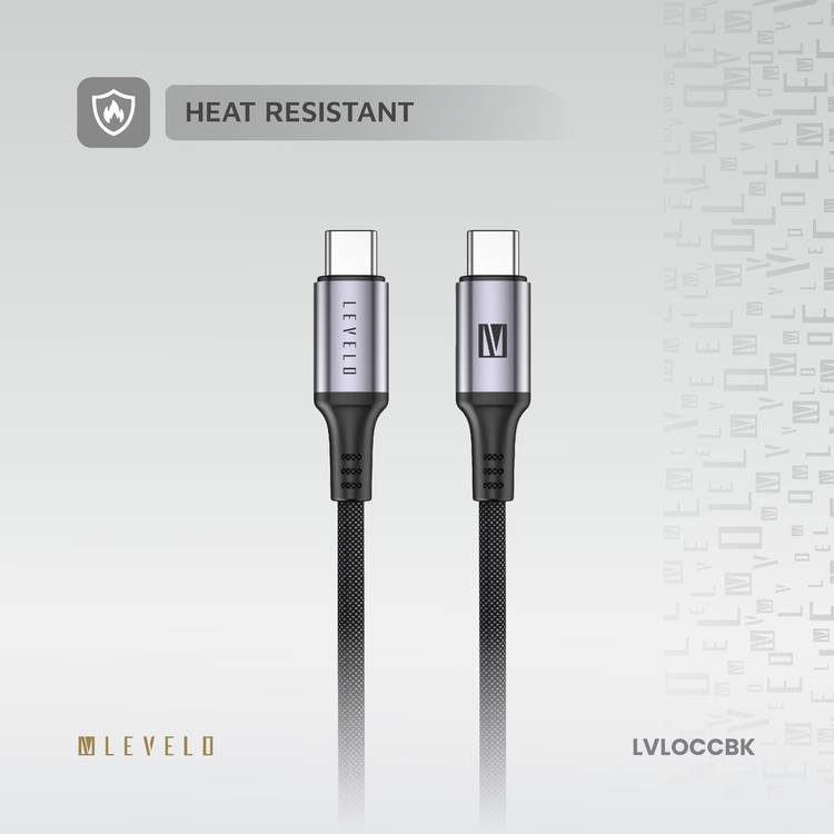 Levelo Otto USB-C to Type-C 60W Leather Cable, Tangle-Free, Fast Charging, Heat Resistant, 1.2m Cable Length - Black 