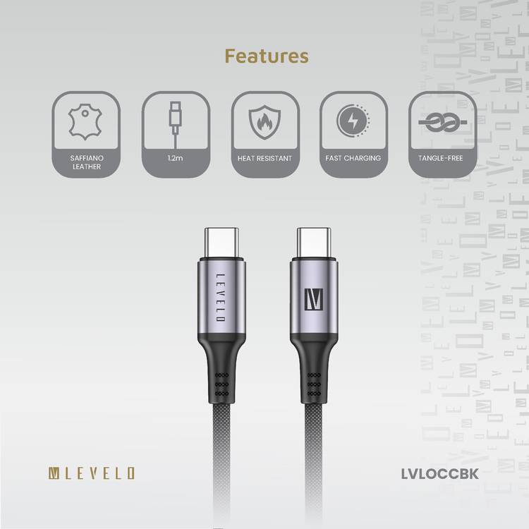 Levelo Otto USB-C to Type-C 60W Leather Cable, Tangle-Free, Fast Charging, Heat Resistant, 1.2m Cable Length - Black 