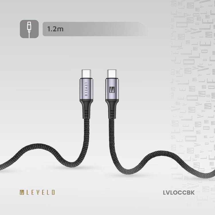 Levelo Otto USB-C to Type-C 60W Leather Cable, Tangle-Free, Fast Charging, Heat Resistant, 1.2m Cable Length - Black 