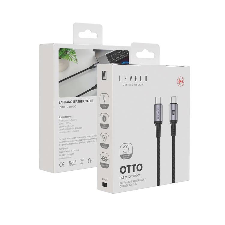 Levelo Otto USB-C to Type-C 60W Leather Cable, Tangle-Free, Fast Charging, Heat Resistant, 1.2m Cable Length - Black 