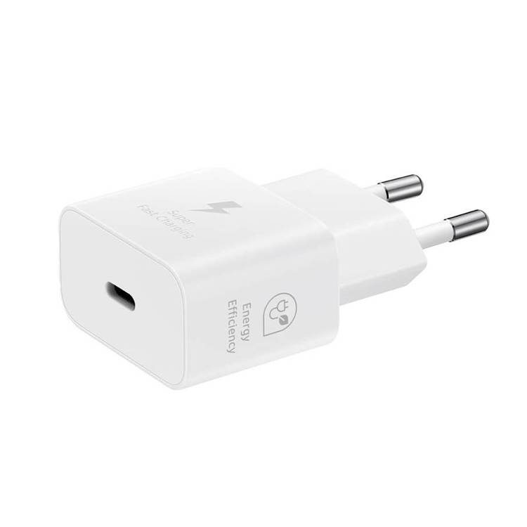 Samsung Travel Adapter 25 W 2 pin with USB Type-C to Type-C Cable, Fast Charge Support, 25 W Total Output Power - White 100-240 V Input Voltage, 5 V Output Voltage (Max, Normal Charge), 9 V Output Voltage (Max, Fast Charge) PDO
