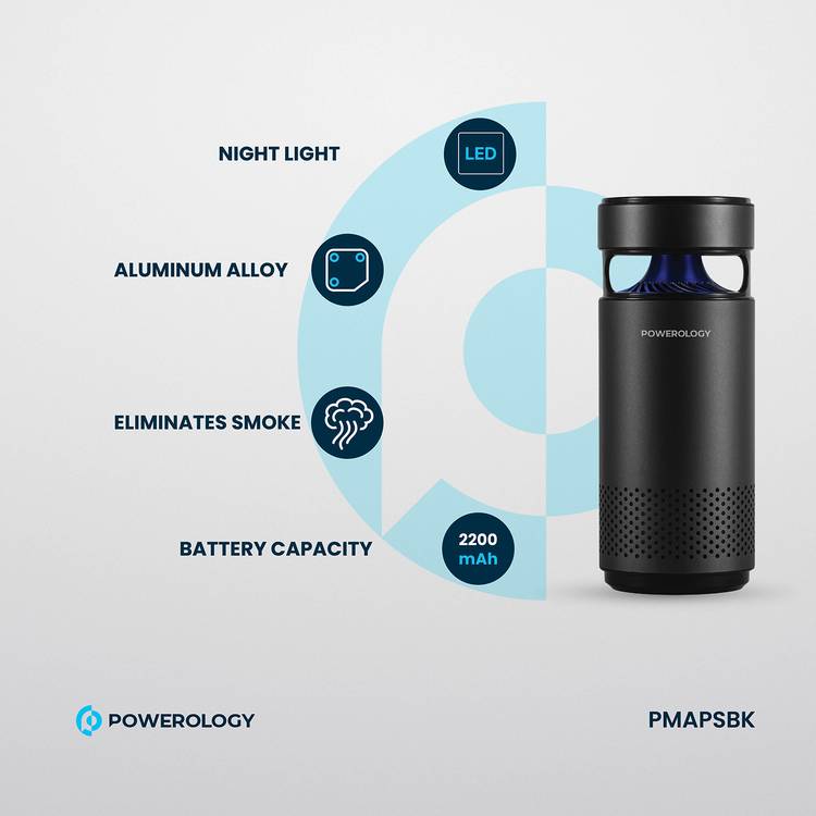 Powerology Portable Mini Air Purifier with UVC LED Sterlization, Eco-Friendly UVC LED, HEPA Filter H13 - Black