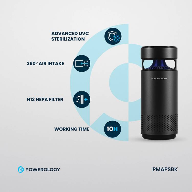 Powerology Portable Mini Air Purifier with UVC LED Sterlization, Eco-Friendly UVC LED, HEPA Filter H13 - Black