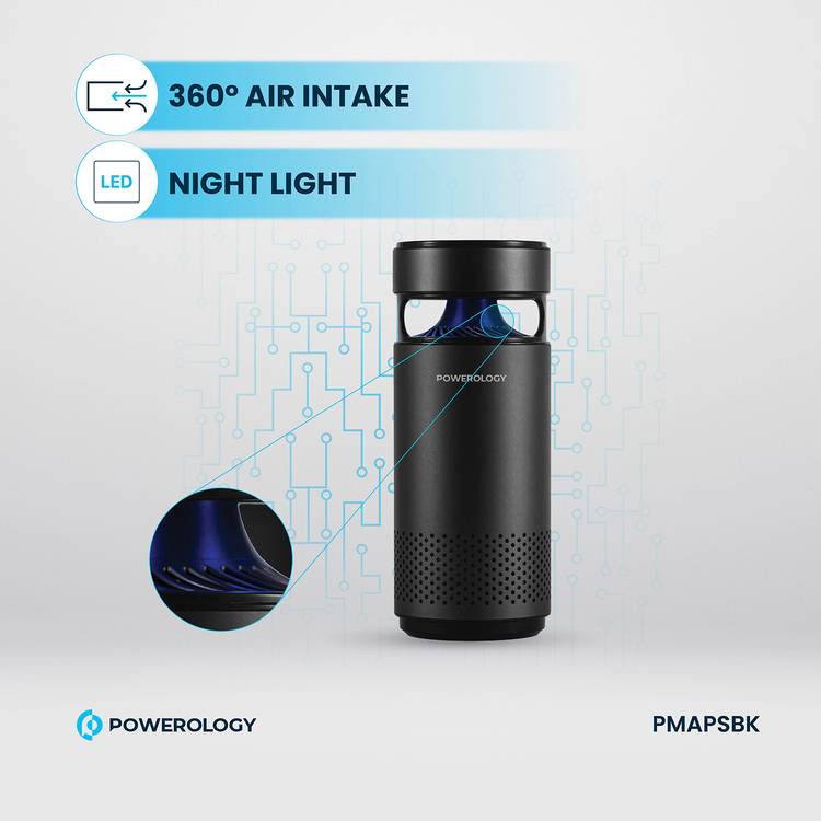 Powerology Portable Mini Air Purifier with UVC LED Sterlization, Eco-Friendly UVC LED, HEPA Filter H13 - Black