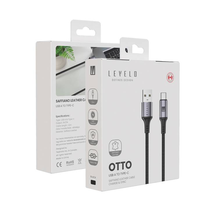 Levelo Otto USB-A to Type- C 18W Leather Cable, Tangle-Free, Fast Charging, Heat Resistant - Black 