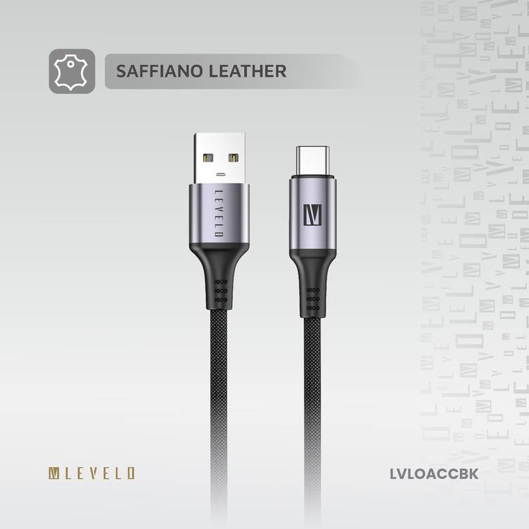 Levelo Otto USB-A to Type- C 18W Leather Cable, Tangle-Free, Fast Charging, Heat Resistant - Black 