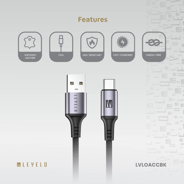 Levelo Otto USB-A to Type- C 18W Leather Cable, Tangle-Free, Fast Charging, Heat Resistant - Black 