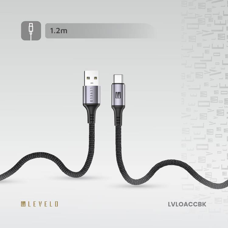 Levelo Otto USB-A to Type- C 18W Leather Cable, Tangle-Free, Fast Charging, Heat Resistant - Black 