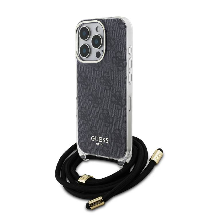 Guess 4G Hard Case with Cross Body Cord for iPhone 16 Pro, Easy Snap-on, Drop Protection, Lightweight - Black
