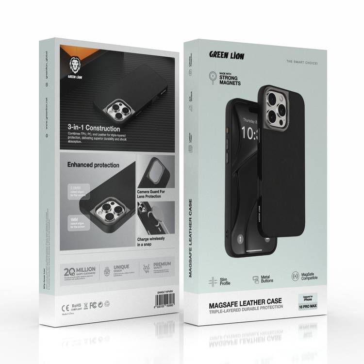 Green Lion MagSafe Leather Case for iPhone 16 Pro Max, Slim Profile, Metal Buttons, Precision Cutouts, Camera Protection - Black