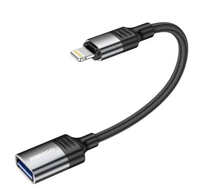Porodo Lightning OTG Wire, 12cm Cable Length, Up to 480Mbps Data Transfer Speed, Braided Cable, Compatible with Lightning Devices, Plug and Play - Black