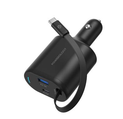 Powerology Type-C Retractable Car Charger, Dual Ports, Patented Design, Built-in Safeguards, Simultaneous Charging, Integrated Type-C Cable - Black
