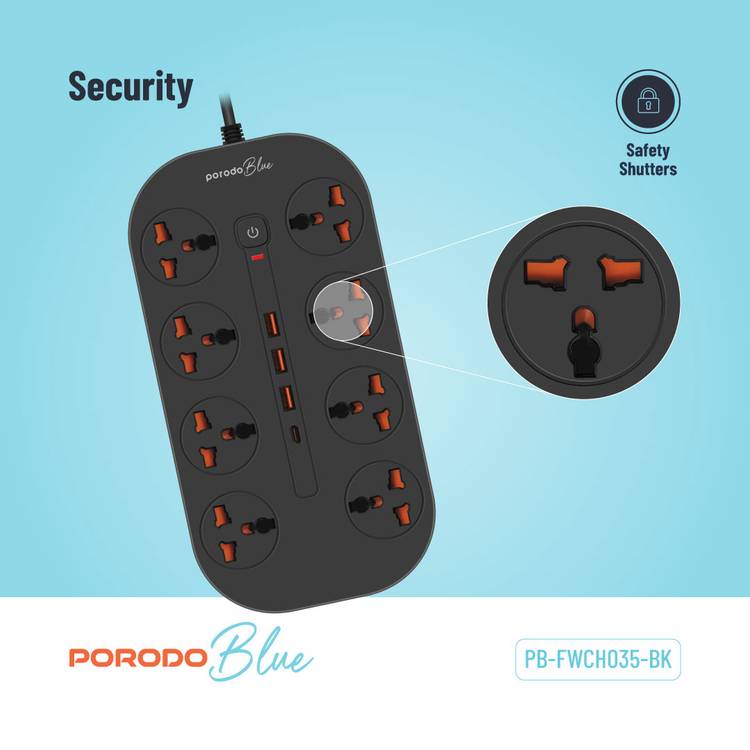 Porodo 8AC Universal Power Strip with Premium Materials, Safety Shutters, 13A Maximum Current, 3m Cable Length - Black