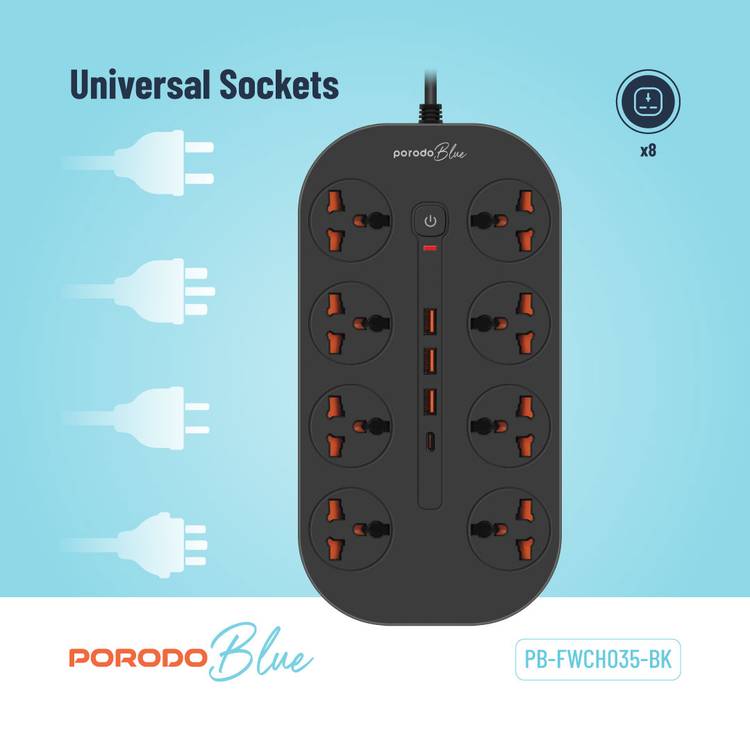 Porodo 8AC Universal Power Strip with Premium Materials, Safety Shutters, 13A Maximum Current, 3m Cable Length - Black