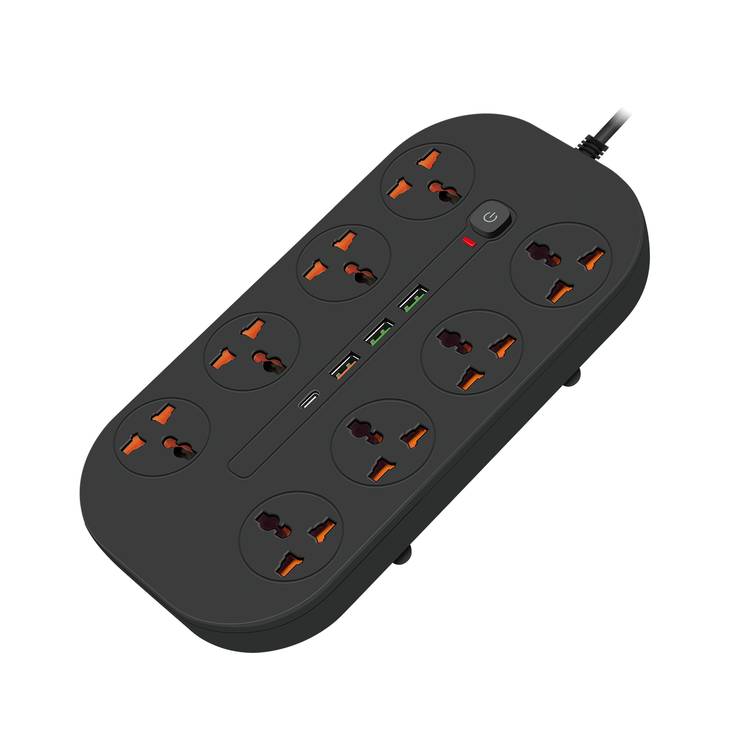 Porodo 8AC Universal Power Strip with Premium Materials, Safety Shutters, 13A Maximum Current, 3m Cable Length - Black