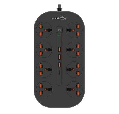 Porodo 8AC Universal Power Strip with Premium Materials, Safety Shutters, 13A Maximum Current, 3m Cable Length - Black