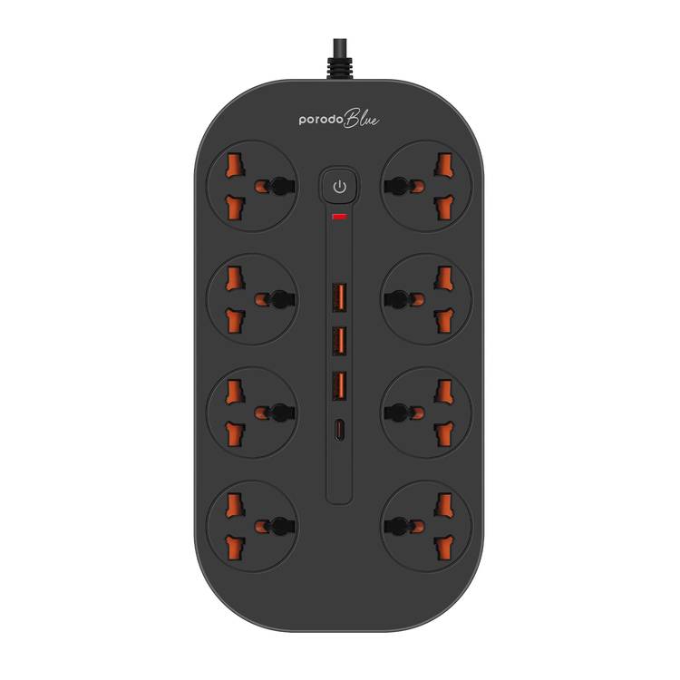 Porodo 8AC Universal Power Strip with Premium Materials, Safety Shutters, 13A Maximum Current, 3m Cable Length - Black