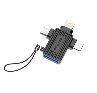Porodo 3-in-1 OTG Adapter, USB A to Lightning, Micro & Type-C, Fast Data Transfer, Universal Compatibility, Plug & Play, Up to 480Mbps Data Transfer Speed - Black