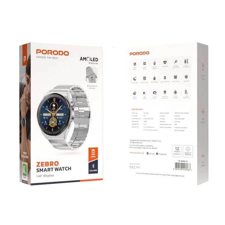 Porodo Zebro Smart Watch Black Dial + Black Silicon Strap & Metal Strap, Water Resistant, Health Monitoring, Activity Tracker - Silver