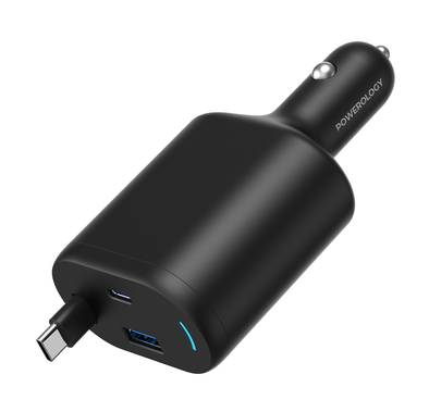 Powerology Retractable Car Charger with Simultaneous Charging, Built-In Safeguards, Patented Design, 1m Cable Length - Black 