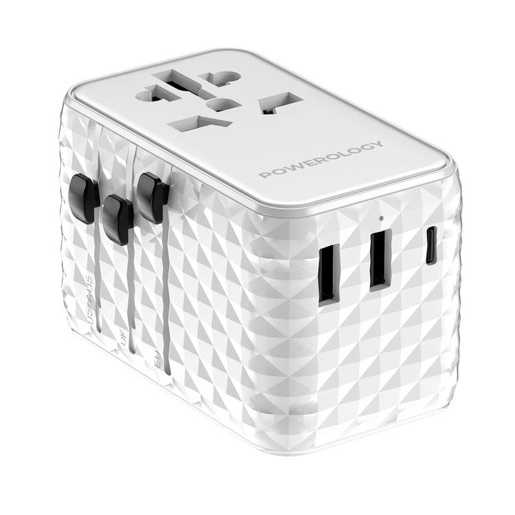Powerology GaN 20W PD Universal Adapter with Retractable Type-C Cable, Simultaneous Charging, Includes Spare Fuse, Built-In Safeguard - White