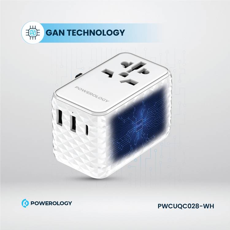 Powerology GaN 20W PD Universal Adapter with Retractable Type-C Cable, Simultaneous Charging, Includes Spare Fuse, Built-In Safeguard - White