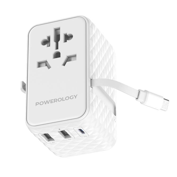 Powerology GaN 20W PD Universal Adapter with Retractable Type-C Cable, Simultaneous Charging, Includes Spare Fuse, Built-In Safeguard - White